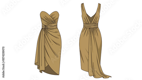 Elegant draped dresses showcased with refined tailoring and luxurious fabric texture