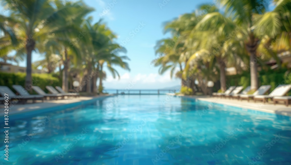 Fototapeta premium Blurry image of palm trees and deck chairs, ideal for vacation or resort layout