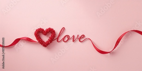 Love represented by a red ribbon heart against a soft pink backdrop, Day of St. Valentine