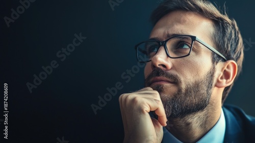 A man in a suit looking thoughtful against a dark background.