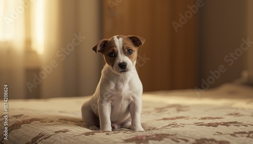 Terrier resting on a bed, c...
