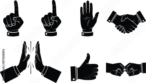 Hand gesture silhouette vector set, communication icons, black outline signs, high five, thumbs up, stop signal, fist bump, pointing finger