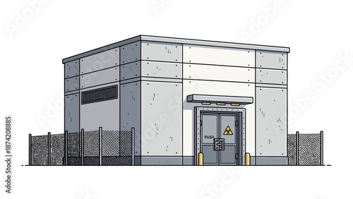 Illustration of a fortified industrial building with a hazardous materials warning sign on the door