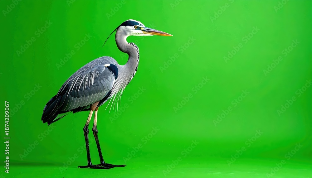 Fototapeta premium Great Blue Heron Standing Profile Against A Vibrant Green Background Isolated Studio Shot