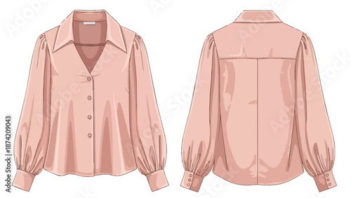 Elegant Blouse Design with Voluminous Sleeves and Classic Collar Front and Back Views Fashion Illustration