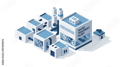 Isometric view of a modern water treatment plant facility with industrial buildings and water purification infrastructure