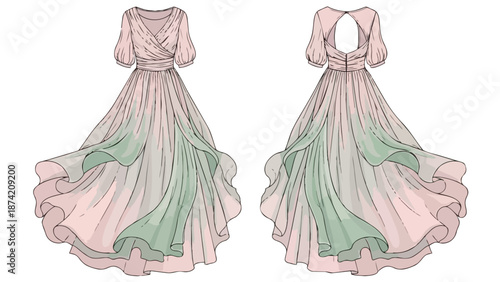 Elegant flowing pastel gown with a cinched waist and dramatic layered skirt