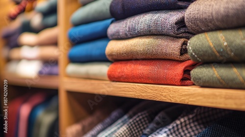 Stack of folded clothing items on wooden shelves in a retail store.