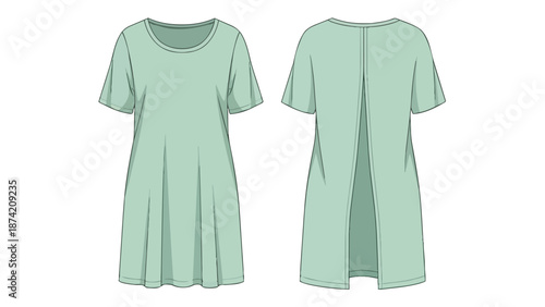 Flat fashion illustration of a mint green short-sleeved dress with a subtle A-line silhouette and a rear vent opening