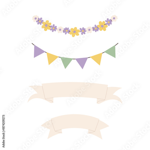 Set decorative banners and garlands. Floral swags, bunting flags and ribbon banners in soft spring colors isolated on white for Easter, celebrations, cards and invitations.