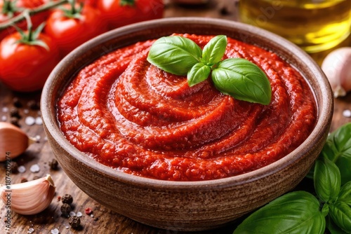 Thick ripe tomato paste with basil garnish