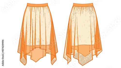 Artistic illustration of an ethereal flowy skirt with a high-low hemline and sheer overlay