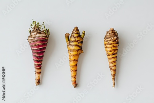 Three Colorful Vegetable Roots On White Background