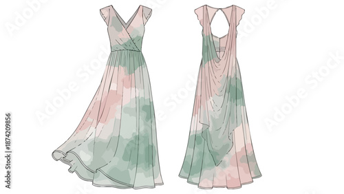 Elegant flowing watercolor illustrated evening gown design with a draped back detail and soft pastel hues