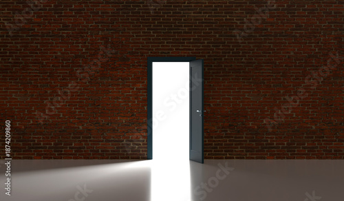 Fotografia The door opens onto a bright room with glaring white light and brick walls
