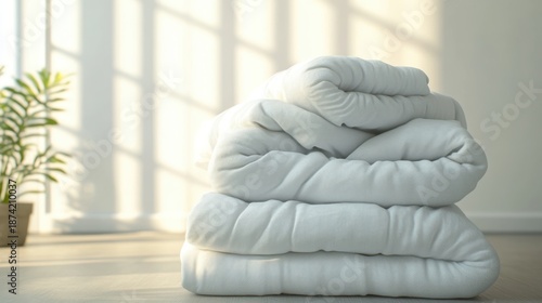A neat stack of clean white folded cotton sheets illuminated by soft natural light casting shadows