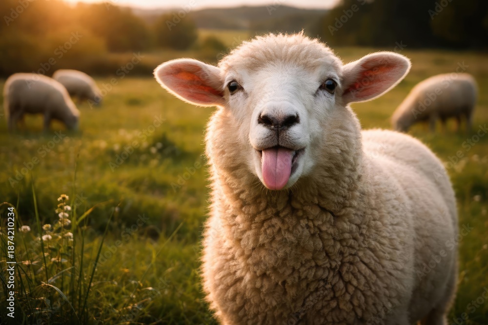 Fototapeta premium Silly sheep sticking tongue out amidst green pasture