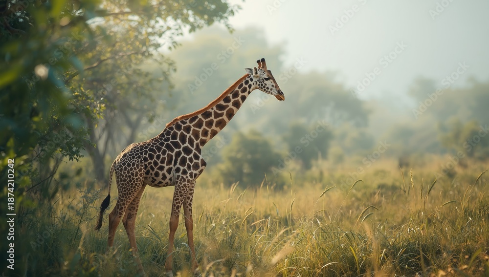 Obraz premium Giraffe grazing on the savannah floor, typical of arid landscape ecosystems