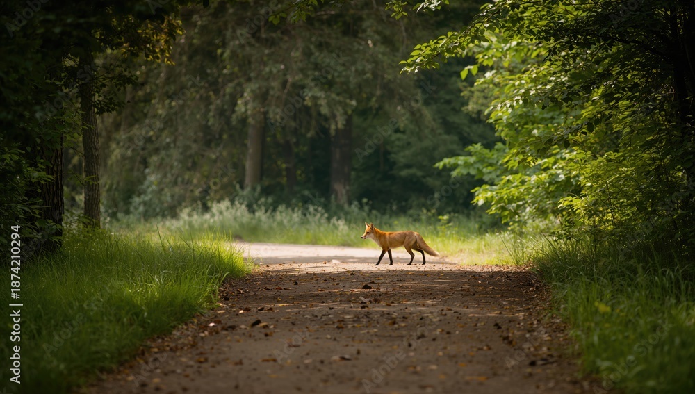 Fototapeta premium Fox traversing a paved park pathway, highlighting urban wildlife activity