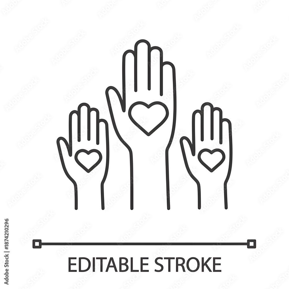 Fototapeta premium Unity in diversity linear icon. No to racism. Volunteers. Thin line illustration. Helping hands. Voting. Charity. Contour symbol. Vector isolated outline drawing. Editable stroke