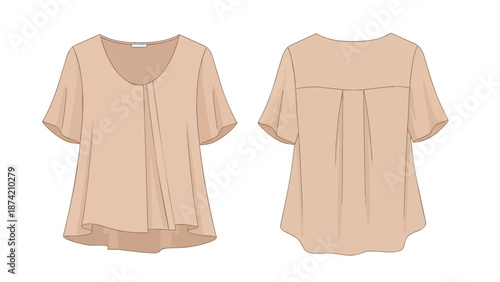 Clean vector illustration showcasing the front and back design of a stylish short-sleeved peachy pink blouse with subtle detailing