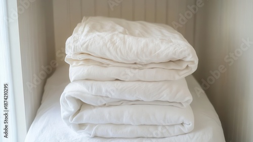 A neat stack of clean white folded medical linens made of soft fabric
