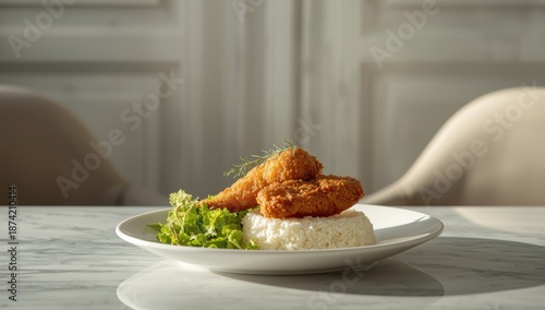 Plate featuring fried meat ...