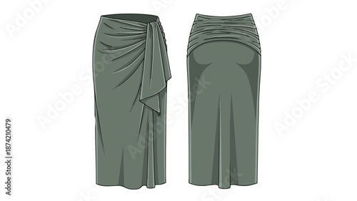 Elegant draped maxi skirt design front and back view fashion illustration in muted green tone