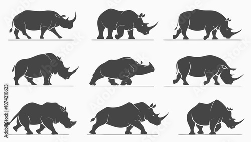 A Collection of Stylized Rhino Silhouettes in Various Poses and Perspectives
