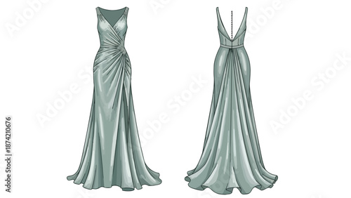 Elegant Teal Evening Gown Front and Back View Artistic Fashion Design Sketch