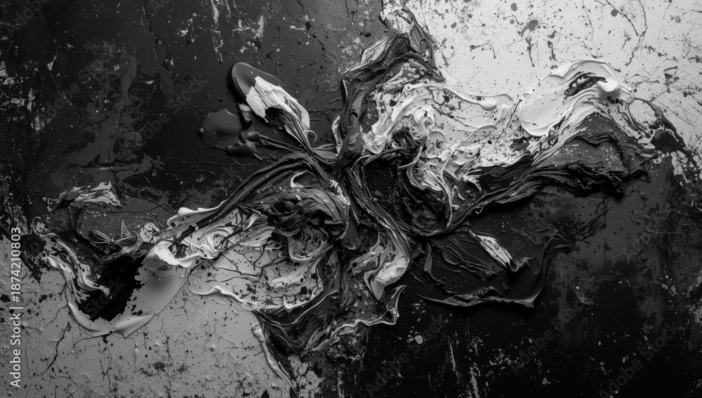 Fototapeta premium Top view of black and white paint splashes on canvas, used as an artistic background in creative work