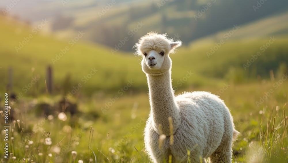 Fototapeta premium Springtime on a Lithuanian farm featuring a white alpine sheep highlighting pastoral landscape and animal husbandry