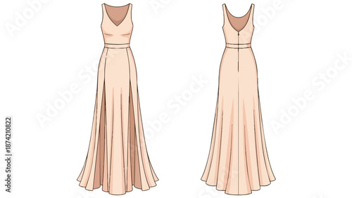 Elegant evening gown fashion illustration showcasing a sleeveless v-neck silhouette with graceful flowing skirt and subtle thigh-high slits from