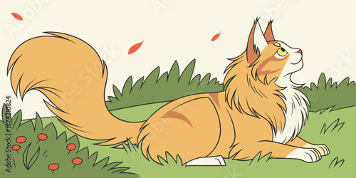 Stylized Golden Cat Illustration Relaxing in Autumn Meadow with Fall Foliage