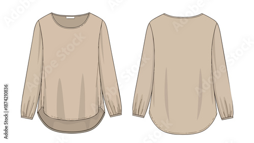 Fashion design flat sketch of a long-sleeved neutral toned casual blouse presented front and back views