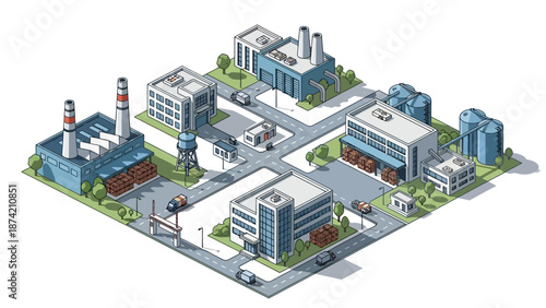 Isometric view of an industrial complex with factories, warehouses, and administrative buildings arranged around roads