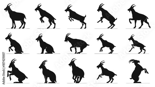 Goat Silhouette Animation Sequence Illustrating Agile Dynamic Movement and Energetic Poses