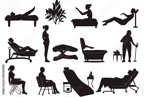 Silhouettes of Therapeutic Relaxation: Captivating black silhouettes illustrate a tranquil scene of individuals in diverse poses. They are relaxing during treatments and wellness procedures.
