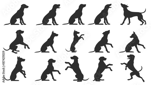 Illustrations of Dog Silhouettes in Various Playful Poses and Dynamic Actions