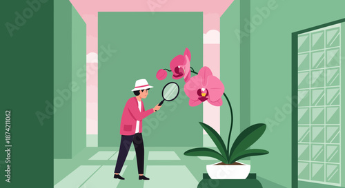 Curious botanist examining pink orchid with magnifying glass.