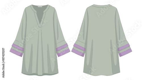 Fashion illustration of a contemporary tunic with v-neck and flared sleeves, showcased from front and back angles for design clarity and detail