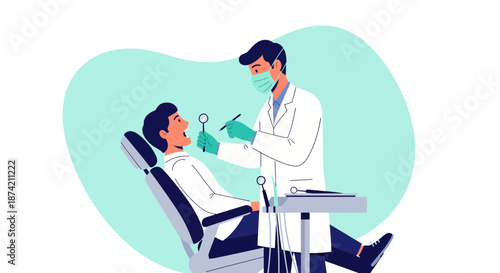 Dentist examining patient in dental chair.
