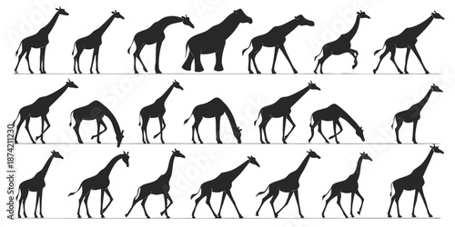Collection of Giraffe Silhouette Illustrations Depicting Various Walking and Grazing Poses