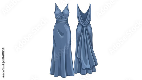 Elegant Slate Blue V-Neck Floor-Length Evening Gown with Draped Back Detail