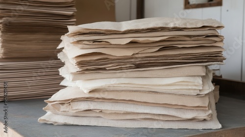 A neat stack of folded and layered beige and white paper sheets showcasing natural texture and fibers with a hint of vintage appeal