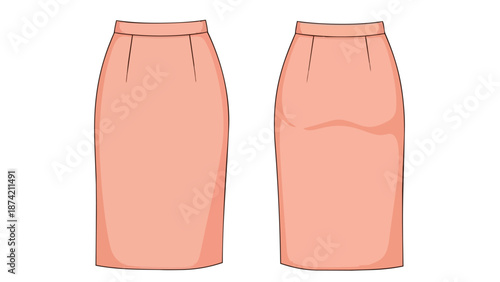Elegant Peach Pencil Skirt Front and Back View Flat Fashion Sketch Illustration