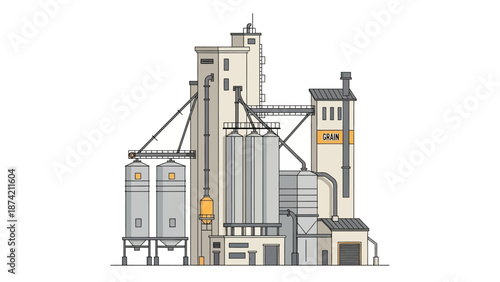 Illustration of a large industrial grain silo facility with multiple storage bins, conveyor belts, and processing structures against a white background