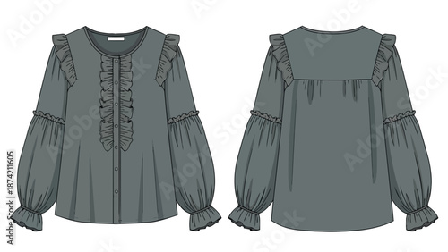 Stylish Grey Blouse with Ruffles and Balloon Sleeves Front and Back View Flat Design Illustration