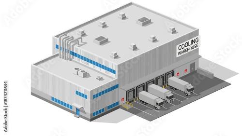 Isometric illustration of a modern industrial warehouse with loading docks and trucks for logistics and distribution