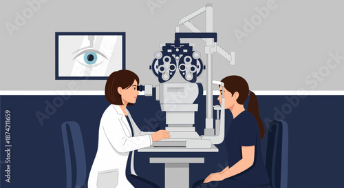Eye Examination with Optometrist Using Phoropter Machine.
